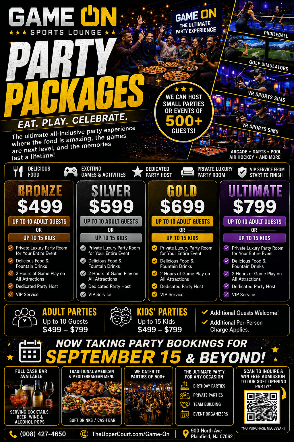 Game On party packages flyer for The Upper Court